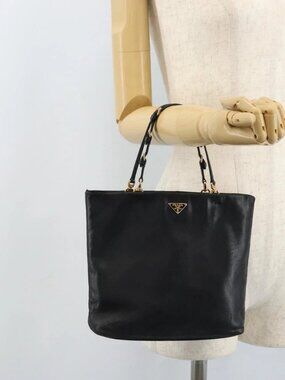 PRADA Hand Bag Leather Black Gold Auth ka2898A